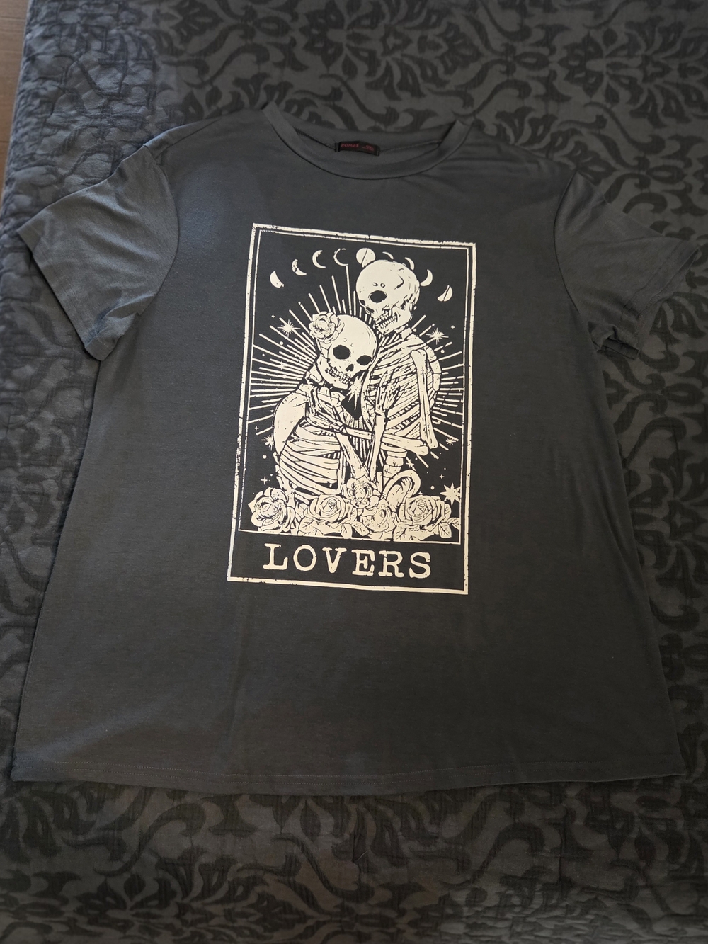 Charcoal Grey 'Lovers' Skeleton Tarot Card Graphic Short Sleeve Tee